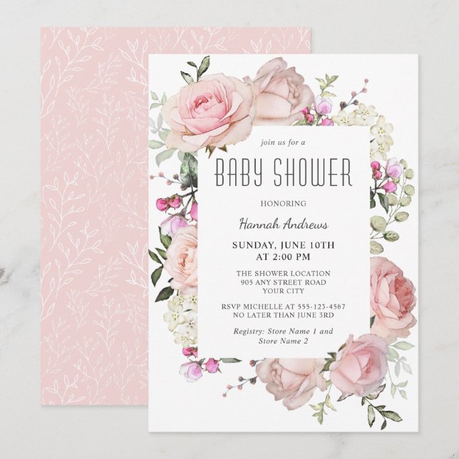 Pastel Pink Garden Rose Kinderdusche für Mädchen Einladung (Vorne/Hinten)