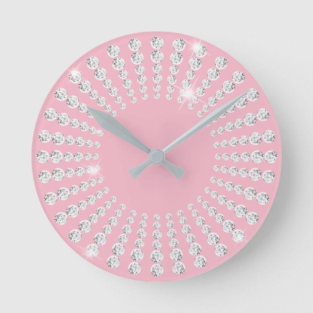 Pastel Pink Gem Crystal Diamond White Runde Wanduhr (Vorderseite)