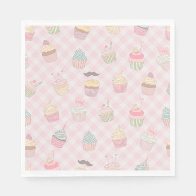 Pastel Pink Gingham Cute Cupcakes Pattern Serviette (Vorderseite)