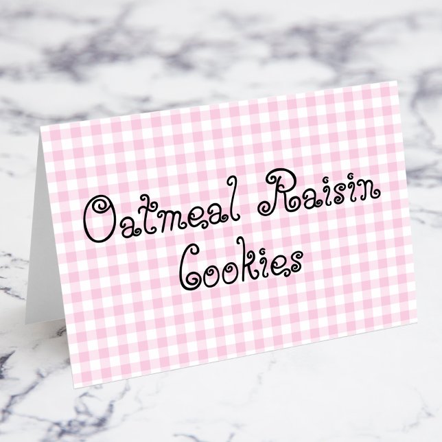 Pastel Pink Gingham Food Cards Tischnummer (Pastel Pink Gingham Oatmeal Raisin Cookies Food Cards)