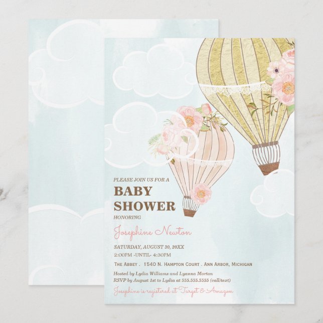 Pastel Pink & Gold Heißluftballon Babydusche Einladung (Vorne/Hinten)