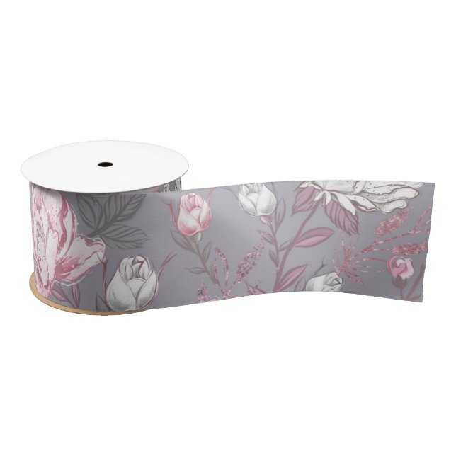 PASTEL PINK & GRAU BLUME SATINBAND (Spule)