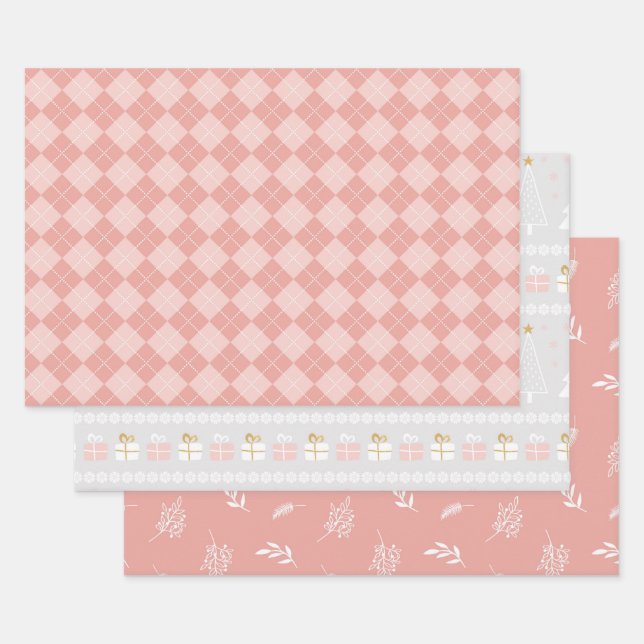 PASTEL PINK & GRAY HOLIDAY WINTER NORDIC PATTERNS GESCHENKPAPIER SET (Set)