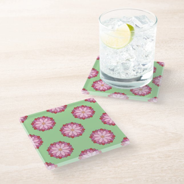 Pastel Pink Green Asian Medallion Floral Glasuntersetzer (Schrägansicht)