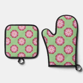 Pastel Pink Green Asian Medallion Floral Ofenhandschuh & Topflappen-Set