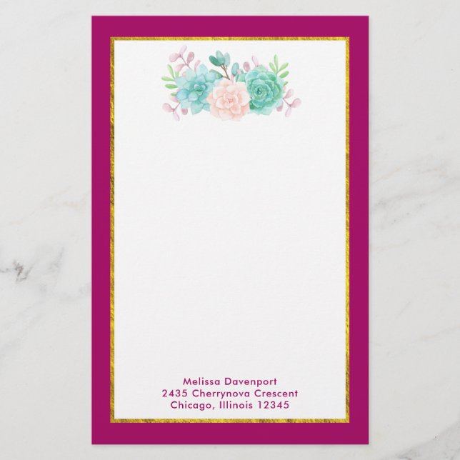 Pastel Pink & Green Floral Bouquet auf der Magenta Briefpapier (Vorderseite)