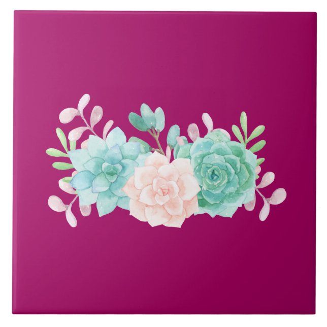 Pastel Pink & Green Floral Bouquet auf der Magenta Fliese (Vorderseite)