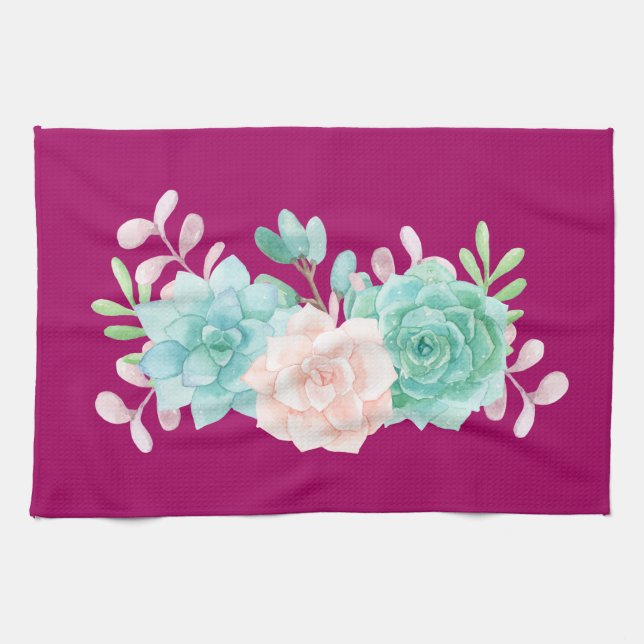 Pastel Pink & Green Floral Bouquet auf der Magenta Geschirrtuch (Horizontal)
