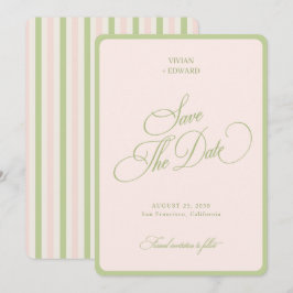 Pastel Pink & Green Stripes Border Retro Wedding Save The Date