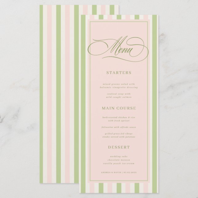 Pastel Pink & Green Stripes Retro Wedding Menu Menükarte (Vorne/Hinten)