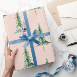 Pastel Pink Green Watercolor Pine Tree Weihnachten Geschenkpapier