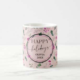Pastel Pink Greenery Foliage Joyeux Vacances Mug