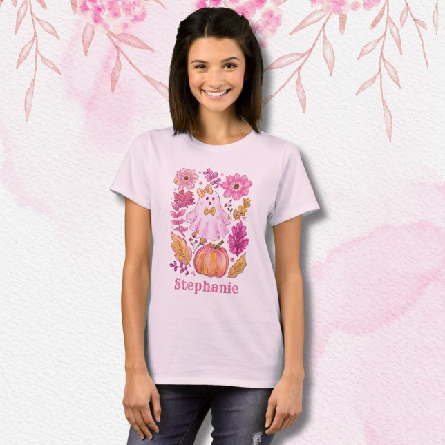 Pastel Pink Halloween Ghost with Custom Name T-Shirt (Von Creator hochgeladen)