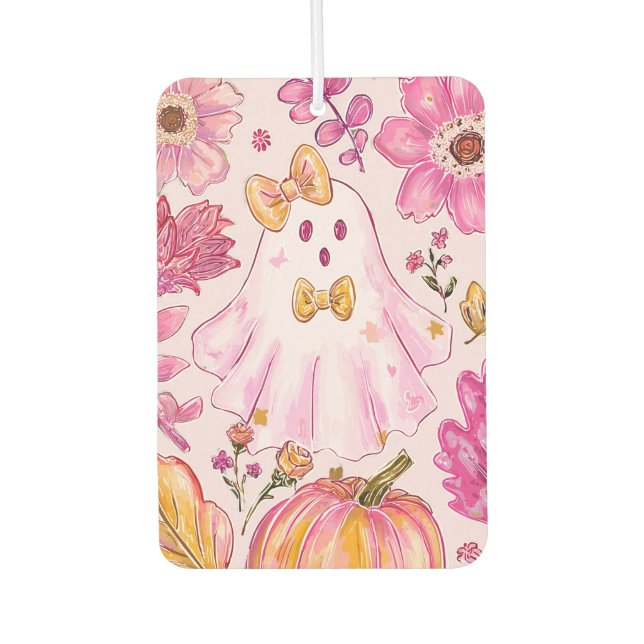 Pastel Pink Halloween Ghost with Flowers and Pumpk Autolufterfrischer (Vorderseite)
