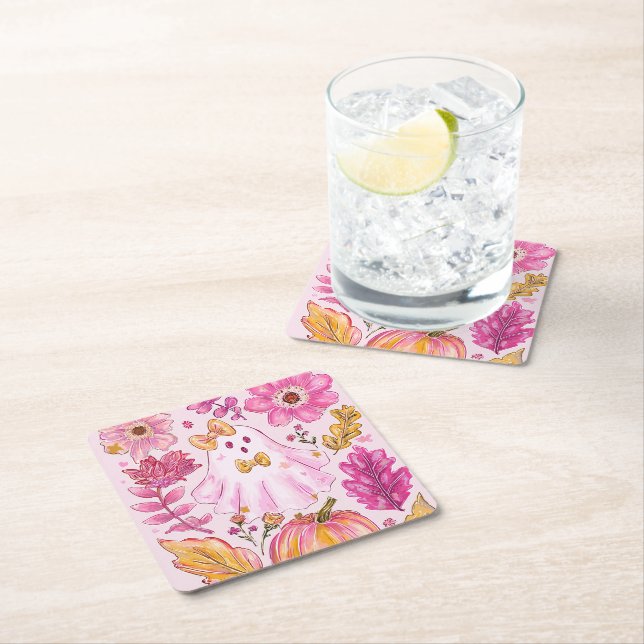 Pastel Pink Halloween Ghost with Flowers and Pumpk Rechteckiger Pappuntersetzer (Vor Ort)