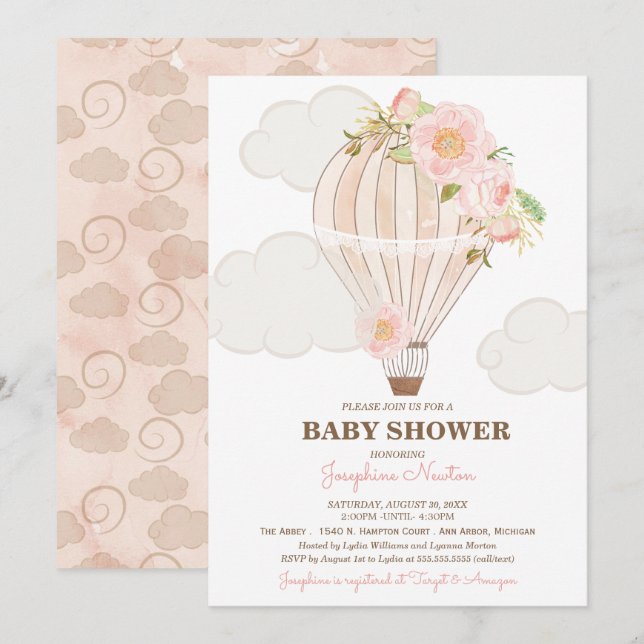 Pastel Pink Heißluftballon Girl Babydusche Einladung (Vorne/Hinten)