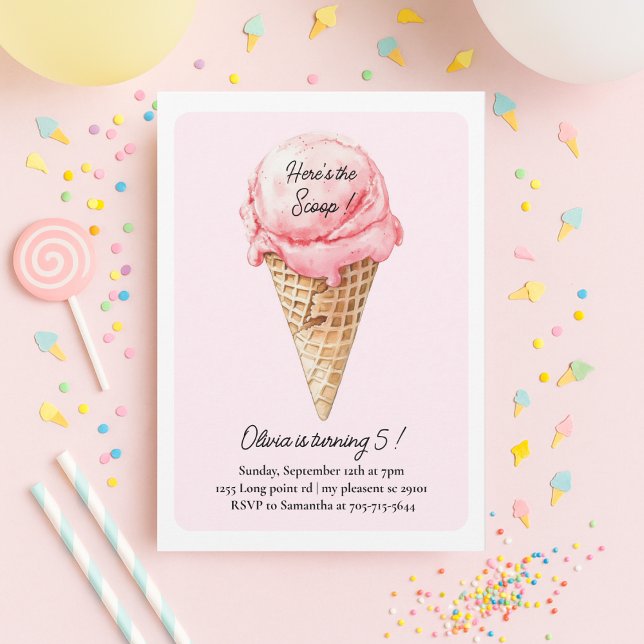 Pastel Pink Ice Cream Cone Birthday Party  Einladung (Von Creator hochgeladen)