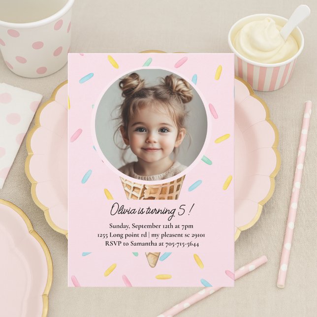 Pastel Pink Ice Cream Photo Birthday  Einladung (Von Creator hochgeladen)