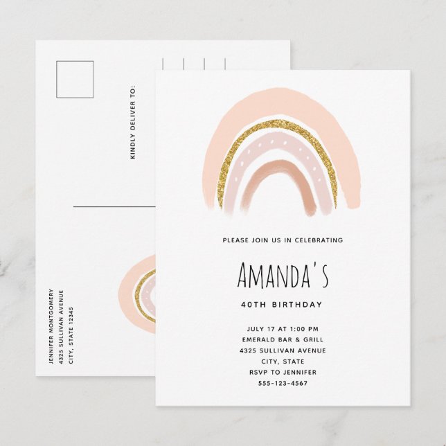 Pastel Pink & Imitate Glitzer Boho Rainbow Birthda Einladungspostkarte (Vorne/Hinten)