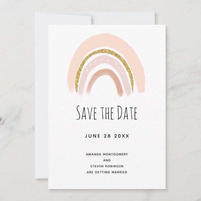 Pastel Pink & Imitate Glitzer Boho Rainbow Wedding Save The Date (Vorderseite)