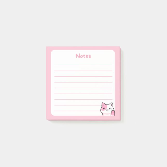 Pastel Pink Kawaii Chibi Kitty Cat Waving Hello Post-it Klebezettel (Vorderseite)