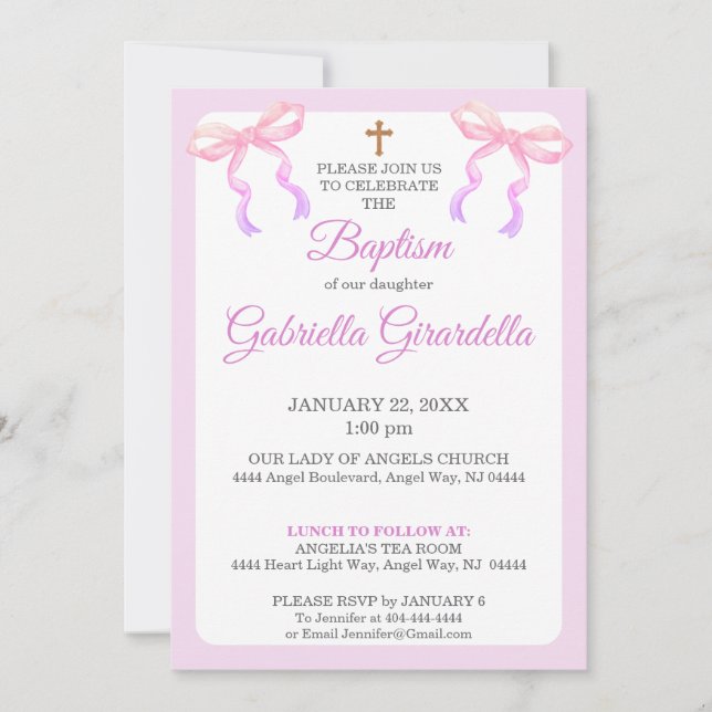 Pastel Pink & Lavender Ombre Bow Baptism Einladung (Vorderseite)