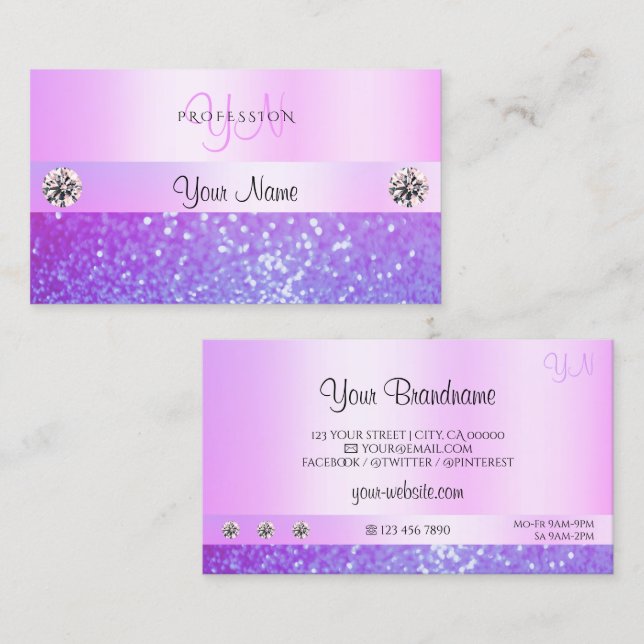 Pastel Pink Lila Glitzer Juwelen Monogram Glamour Visitenkarte (Vorne/Hinten)