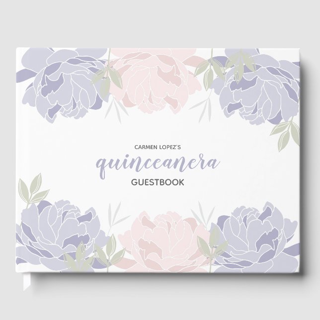 Pastel Pink & Lila Peonies Quinceanera Gästebuch (Vorderseite)