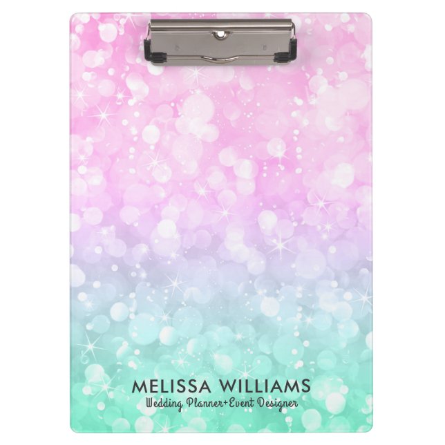 Pastel Pink & Mint Green Glam Bokeh Glitzer Klemmbrett (Vorderseite)
