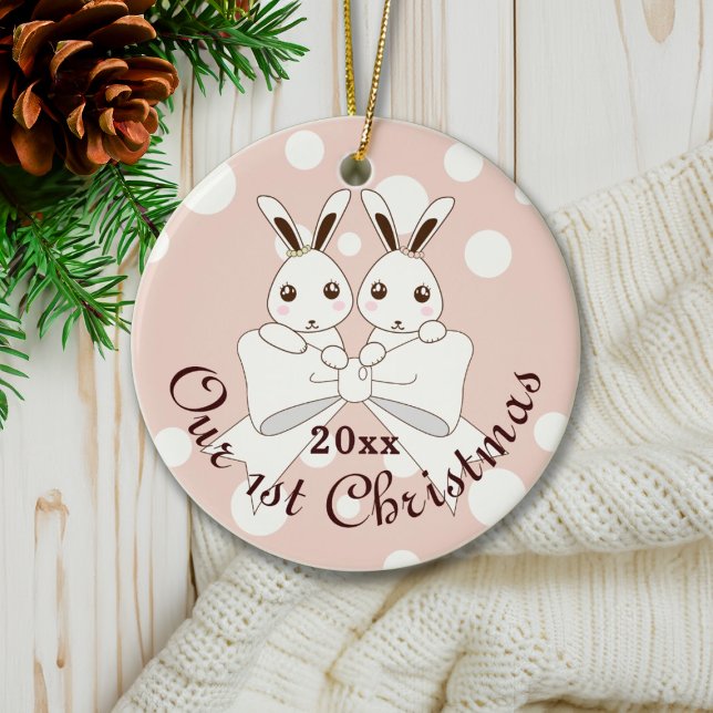Pastel Pink Niedlich Bunny Twin Girl Keramik Ornament (Von Creator hochgeladen)
