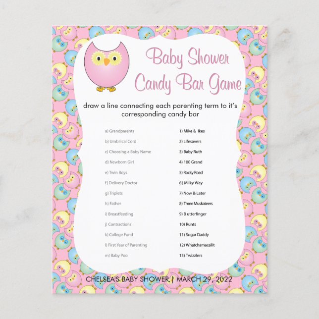 Pastel Pink Niedlich Owl Baby Dusche Thema | Spiel Flyer (Vorne)