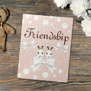 Pastel Pink Off-White Ribbon Niedlich Twin Bunny K