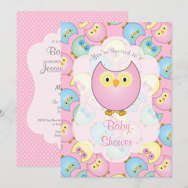 Pastel Pink Owl Babydusche Einladung (Vorne/Hinten)