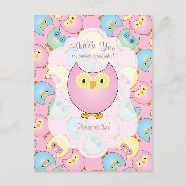 Pastel Pink Owl Girl Duschthema Postkarte (Vorderseite)