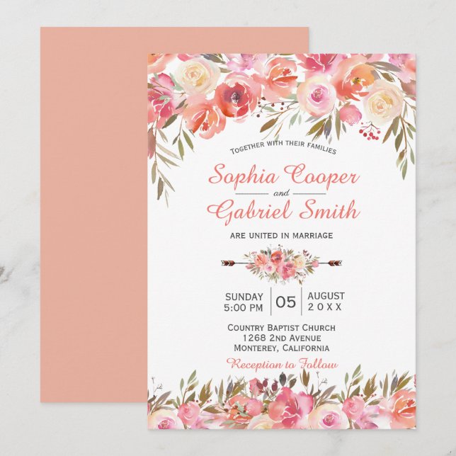 Pastel Pink Peach Rose Blumenzwiebeleinladung Einladung (Vorne/Hinten)