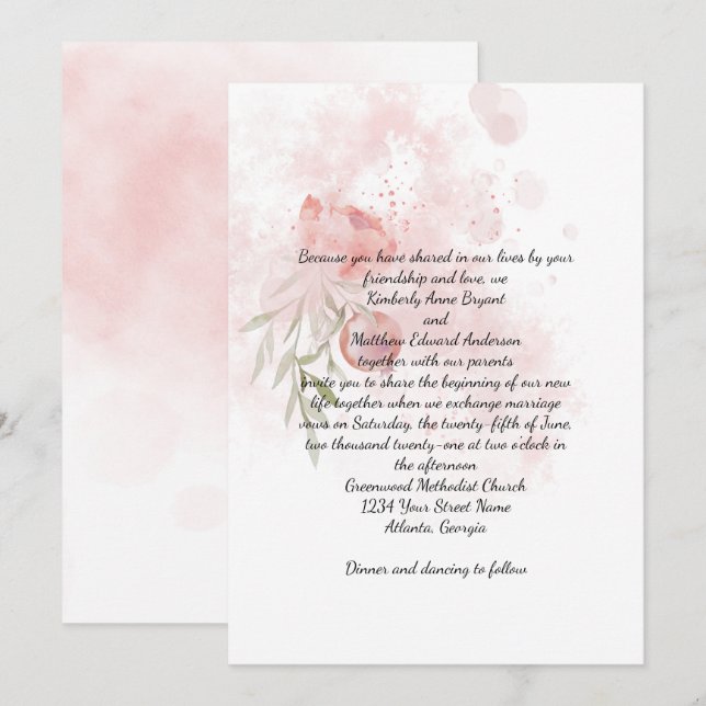 Pastel Pink Peony Watercolor Wash Wedding Einladung (Vorne/Hinten)