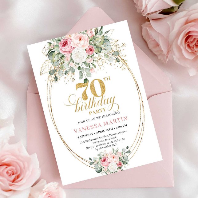 Pastel Pink Printable 70th Birthday Invitation Einladung (Pastel Pink Printable 70th Birthday Invitation)