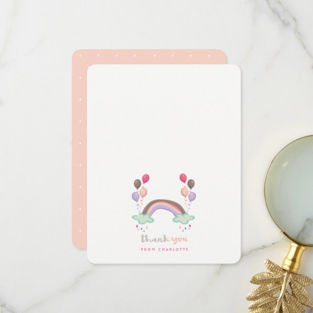 Pastel Pink Rainbow and Balloons Girl Baby Dusche Dankeskarte (Vorderseite/Rückseite Beispiel)