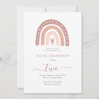 Pastel Pink Rainbow Boho Virtual Second Geburtstag Einladung