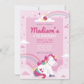 Pastel Pink Rainbow Unicorn Geburtstagsparty Einladung
