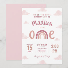 Pastel Pink Rainbow Wolken Virtual First Birthday Einladung