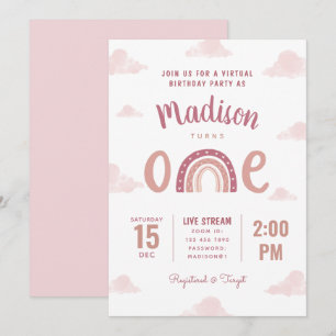 Pastel Pink Rainbow Wolken Virtual First Birthday Einladung