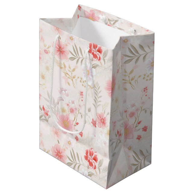 Pastel Pink Red White Flowers Pattern Wine, Small, Mittlere Geschenktüte (Vorderseite Schrägansicht)