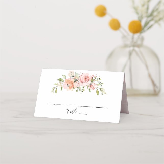 Pastel Pink Rose Florals Moderne botanische Hochze Platzkarte (Vorderseite)