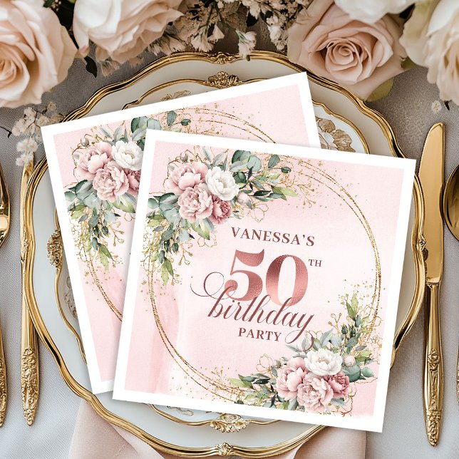 Pastel Pink Rose Gold Blush Flowers 50th Birthday  Serviette (Pastel Pink Rose Gold Blush Flowers 50th Birthday Napkins

)