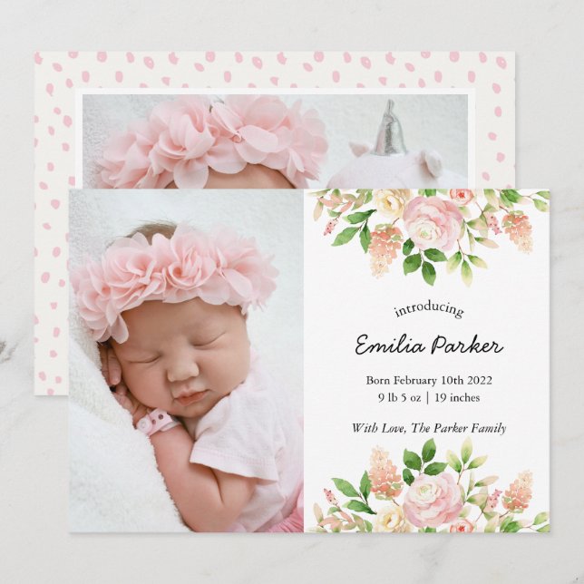 Pastel Pink Rose | Moderne Elegante Blumengeburt Ankündigung (Vorne/Hinten)