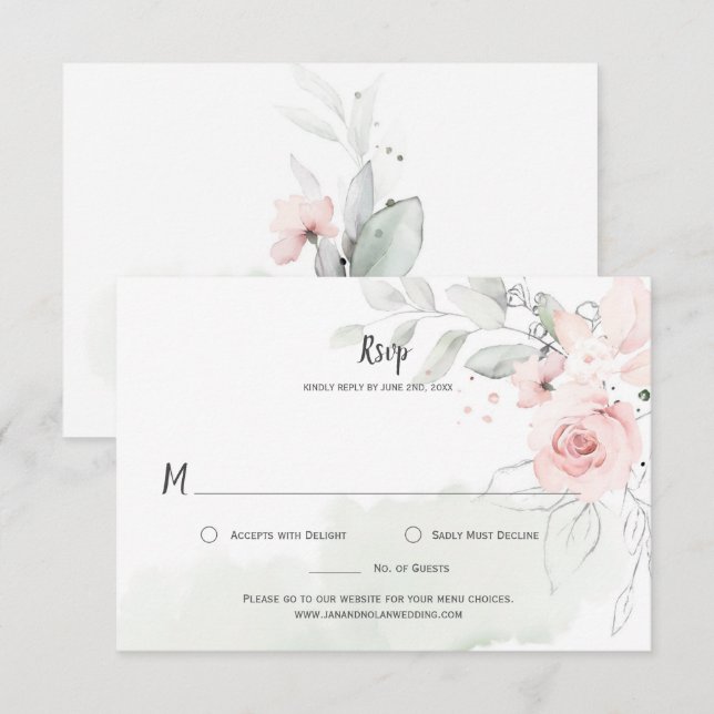 Pastel Pink Roses Blassgrüne Blätter UAWG RSVP Karte (Vorne/Hinten)