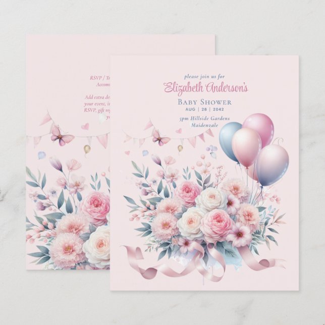 Pastel Pink Roses Ribbons Babydusche Elegant Soft (Vorne/Hinten)