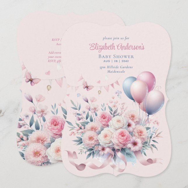 Pastel Pink Roses Ribbons Babydusche Elegant Soft Einladung (Vorne/Hinten)