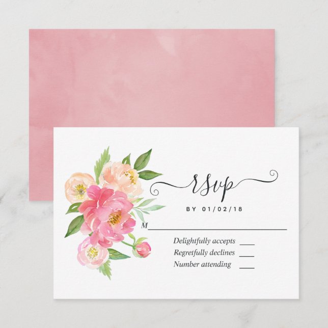 Pastel Pink Spring Wasserfarbenpione Hochzeit RSVP Karte (Vorne/Hinten)